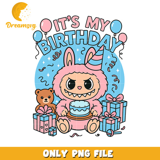 Pink labubu its my birthday png, cute labubu png, popmart labubu png