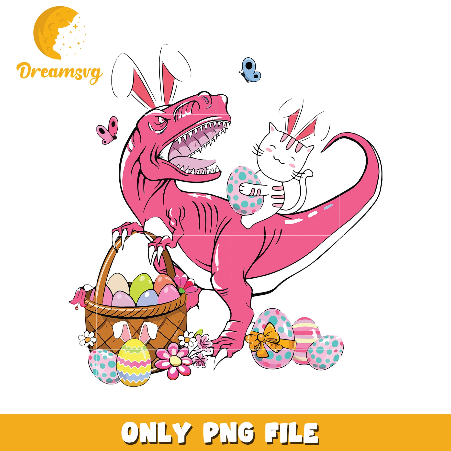 Pink tyrannosaurus and easter eggs png, easter day eggs png