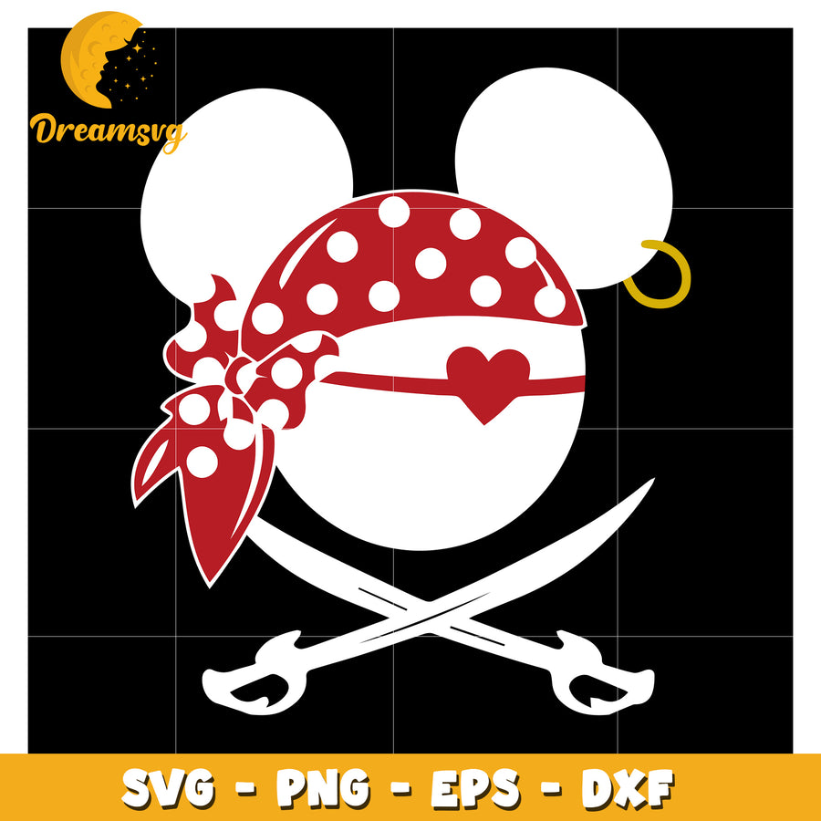 Pirate Mickey Mouse SVG Design with Polka Dot Bandana and Heart