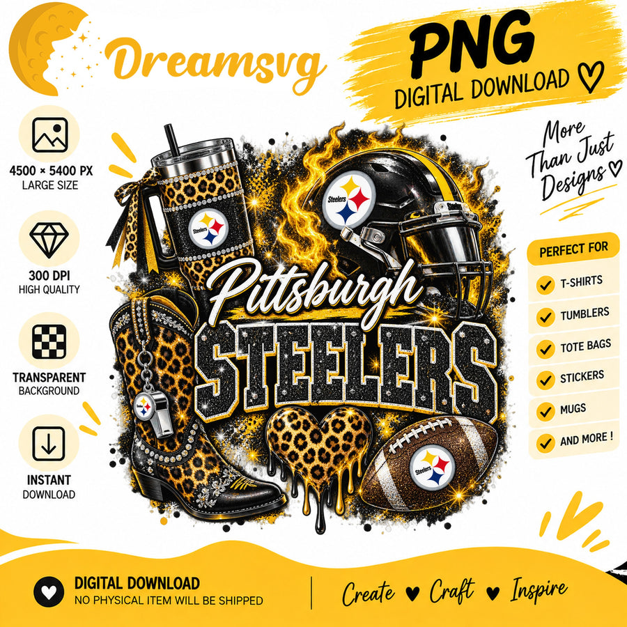 Pittsburgh Steelers Bling Glitter Leopard Boots Football PNG