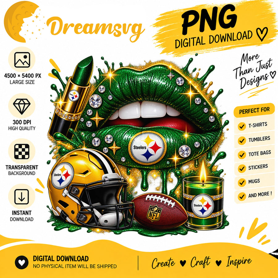 Pittsburgh Steelers Dripping Lips PNG, Gold Green Rhinestone
