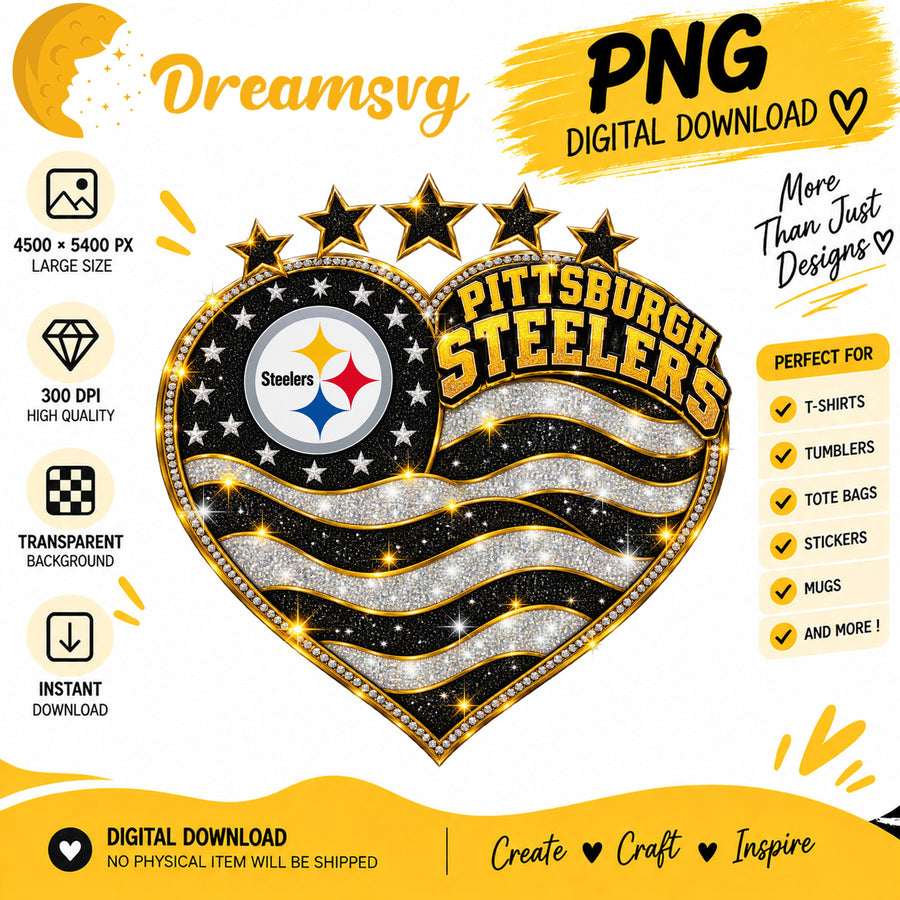 Pittsburgh Steelers Glitter Heart NFL Football Fan PNG