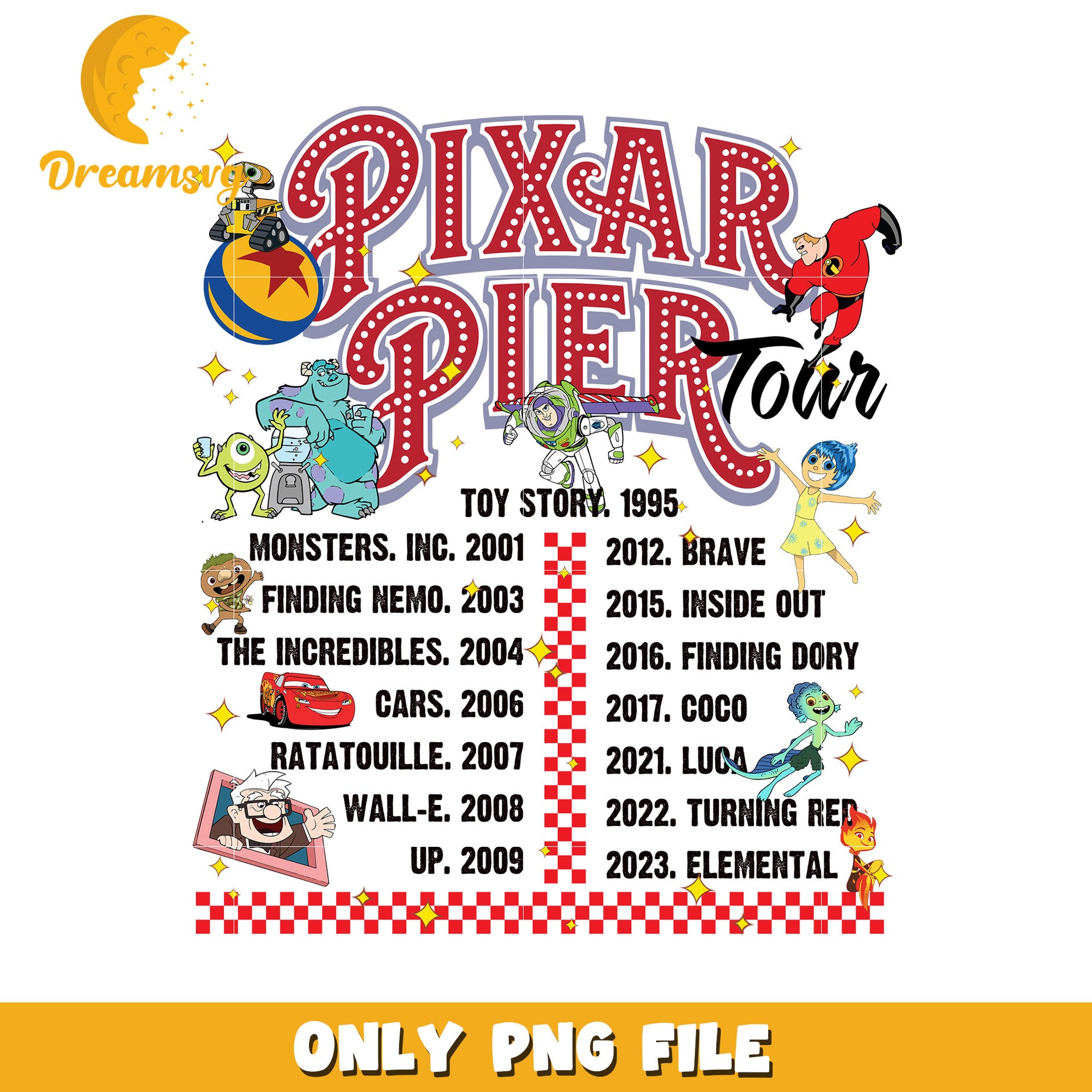Pixar Pier Tour PNG Graphic Celebrating Iconic Movies