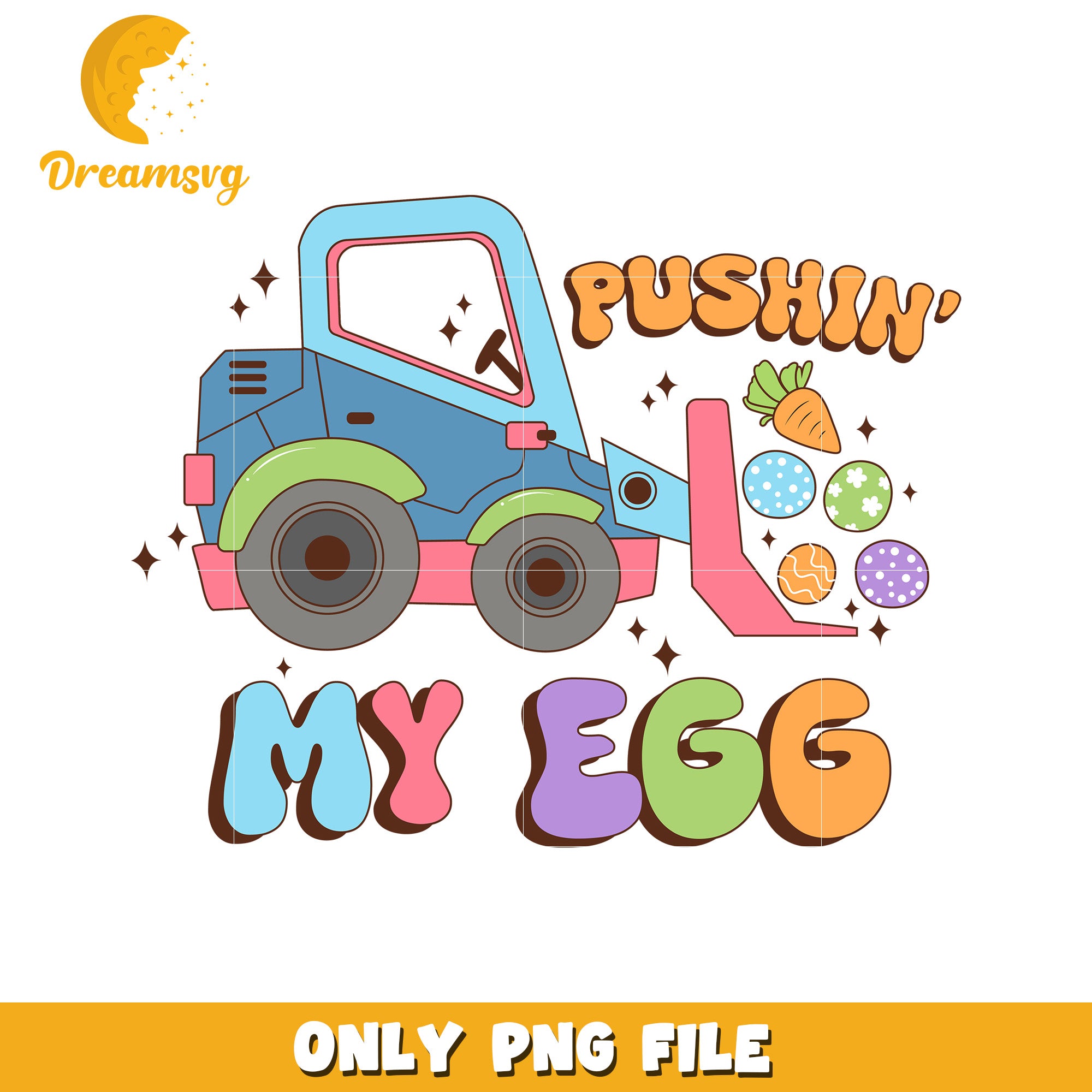 Playful Bulldozer Design with Fun Egg and Carrot Theme PNG
