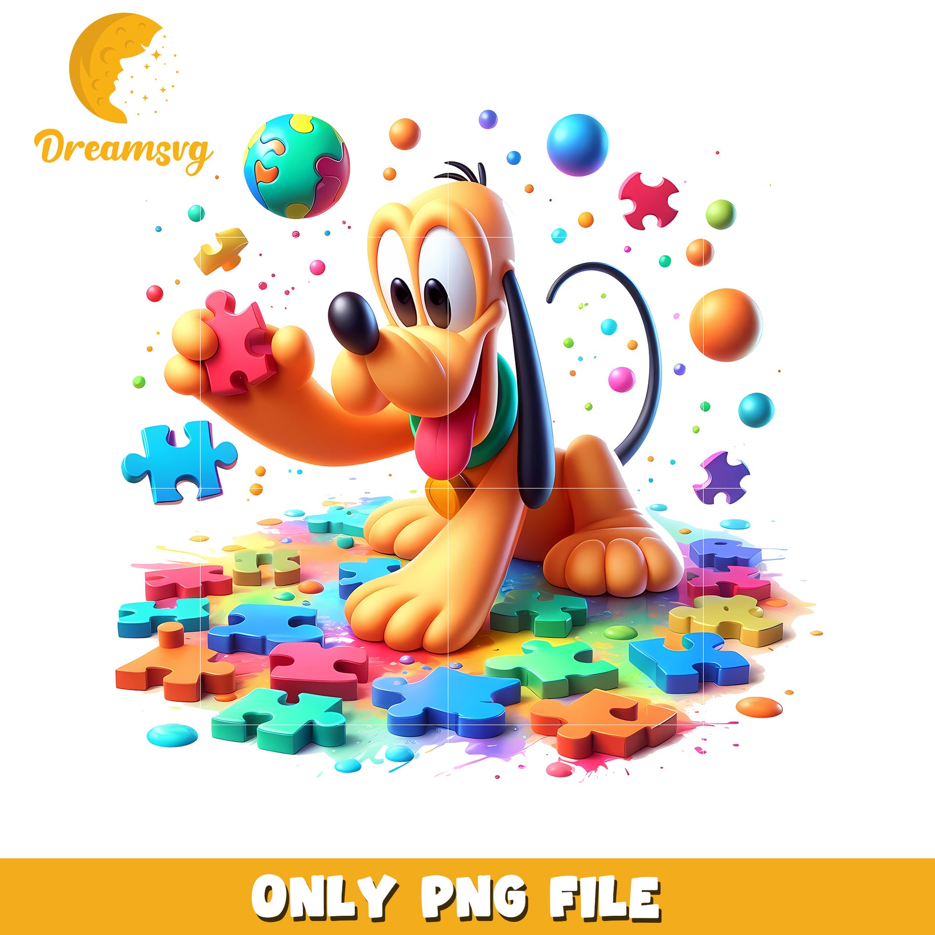 Playful Cartoon Dog with Colorful Puzzles and Ball PNG
