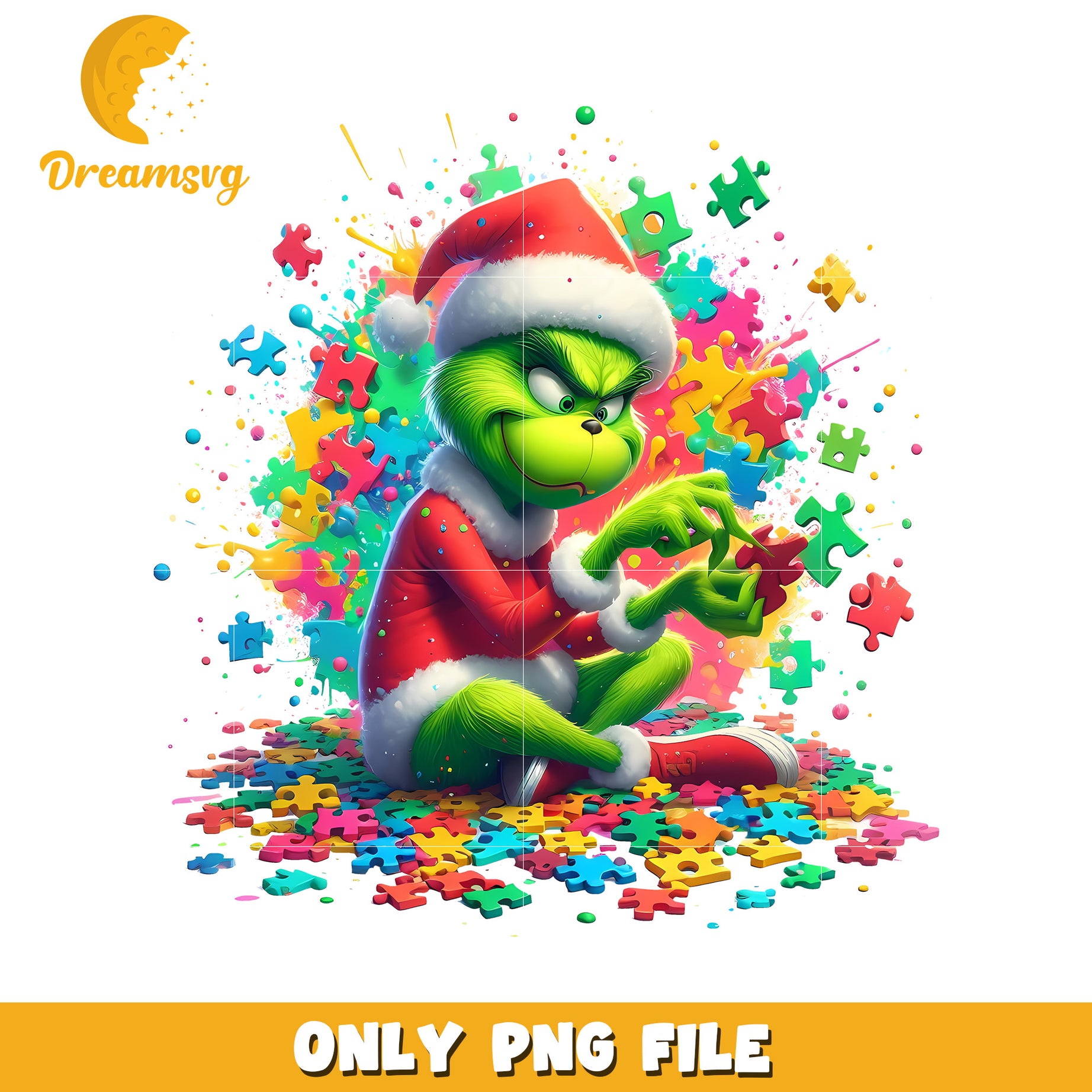 Playful Grinch Solving Colorful Puzzle in Santa Outfit 