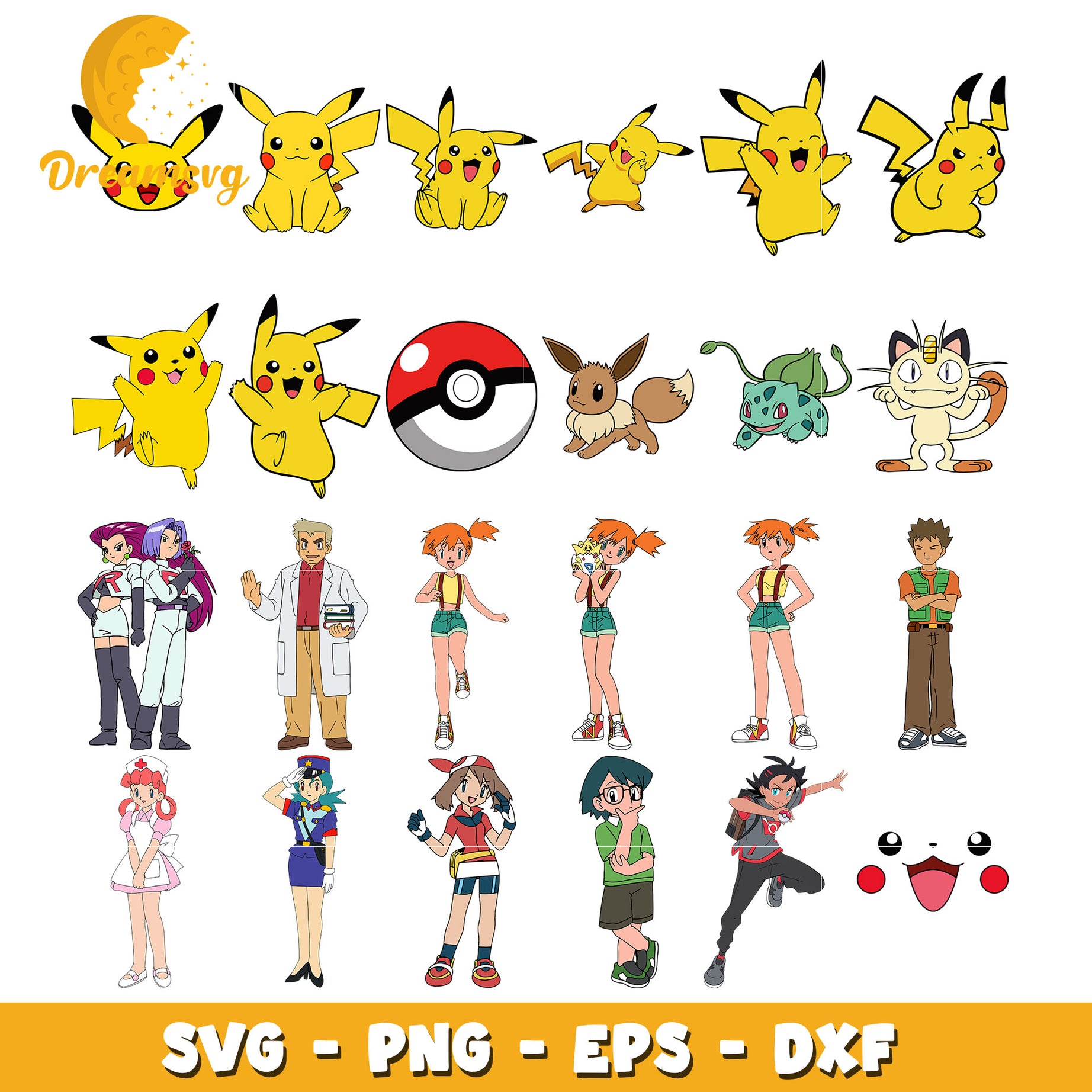 Pikachu and Eeveelution Owners bundle svg, pokemon movie svg