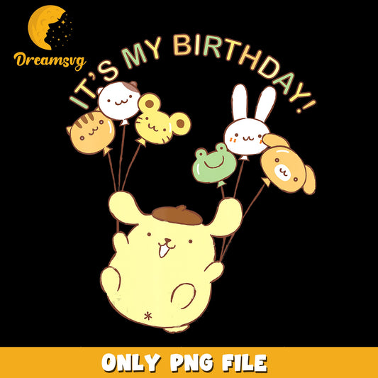 Pompompurin Its My Birthday Balloons PNG, Sanrio Birthday, Cute PNG