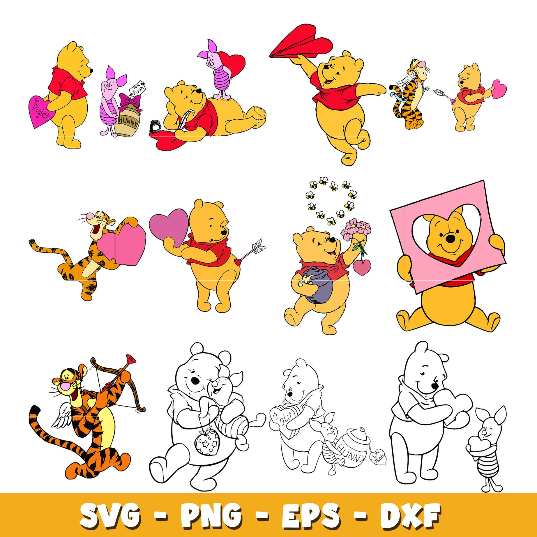 Winnie The Pooh Love Valentines Stickers bundle svg, winnie the pooh svg, Disney cartoon svg, Digital download