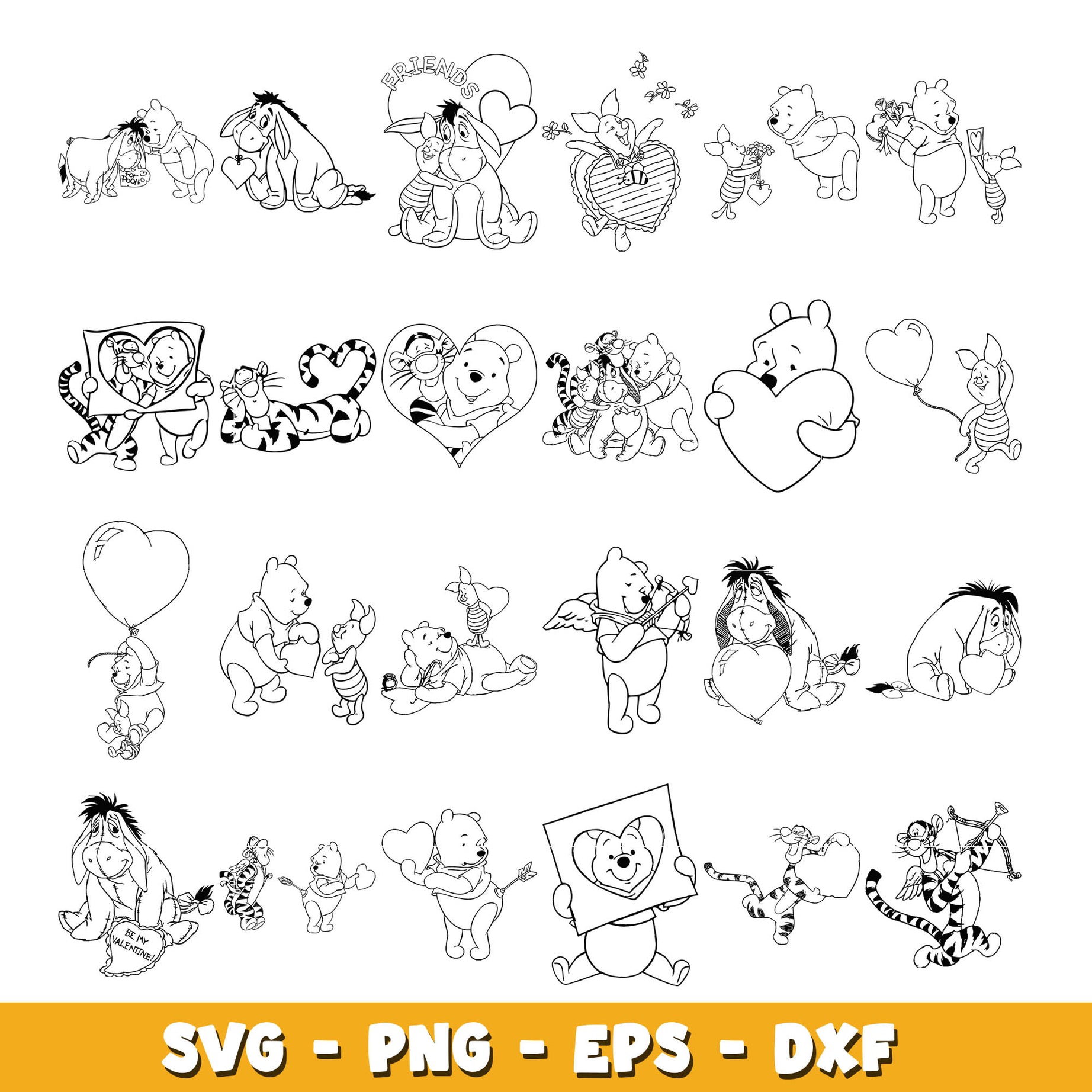 Winnie the Pooh and friends valetine coloring bundle svg,  wine the pooh svg, Disney cartoon svg, Digital download