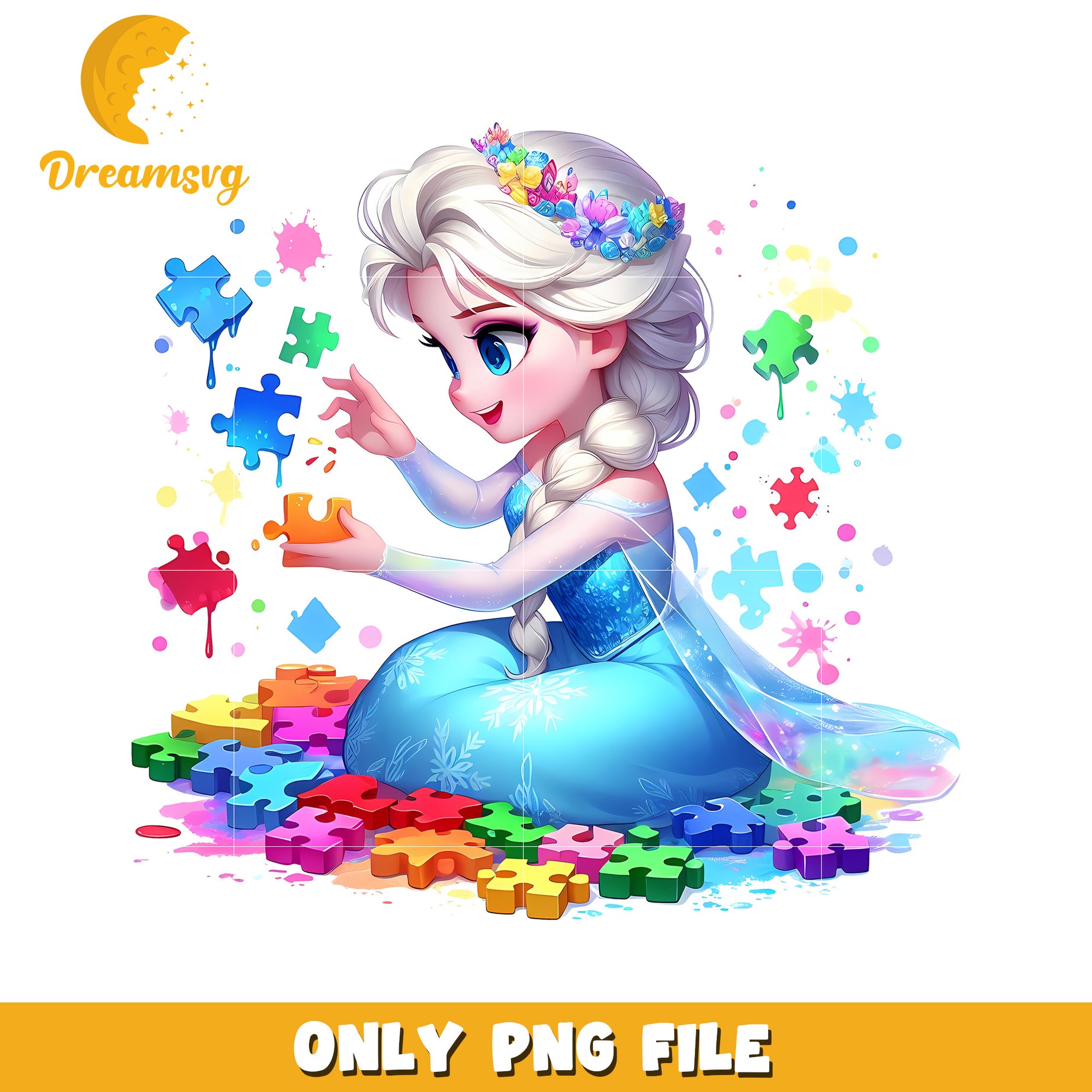Princess Playing with Colorful Puzzle Pieces in PNG Format