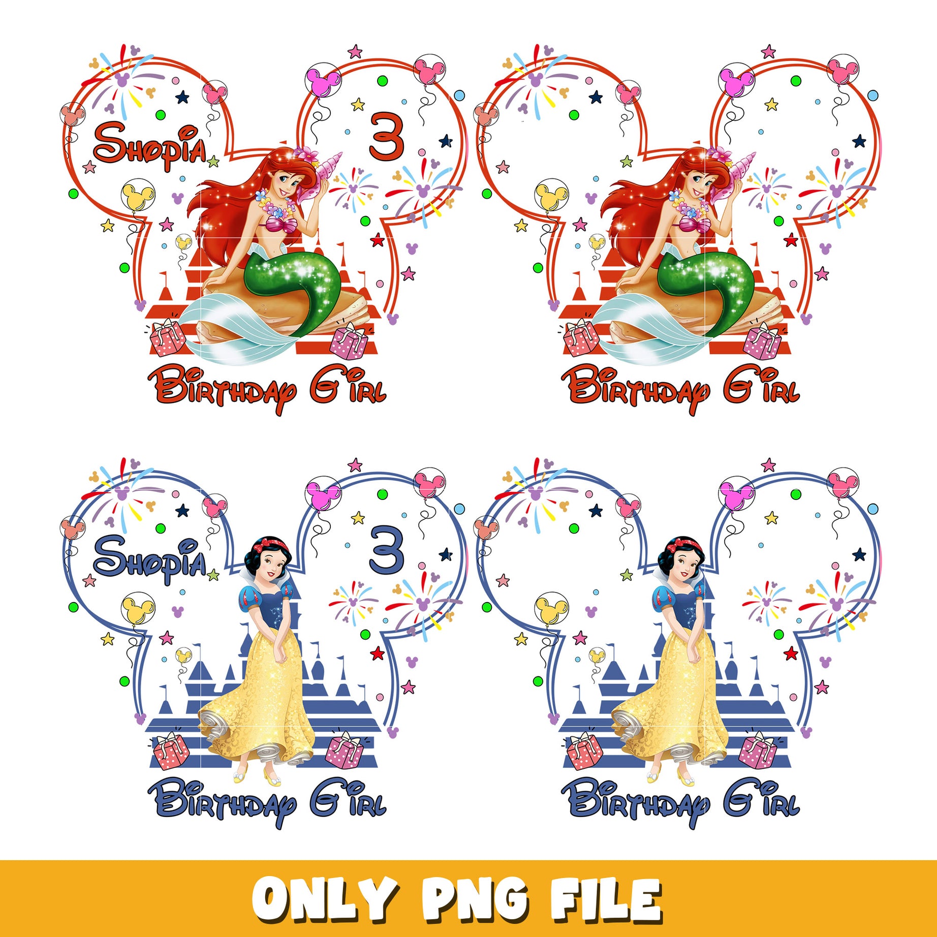 Snow White and Mermaid Birthday Girl bundle png, Disney Princess png, Disney cartoon png, Digital download 