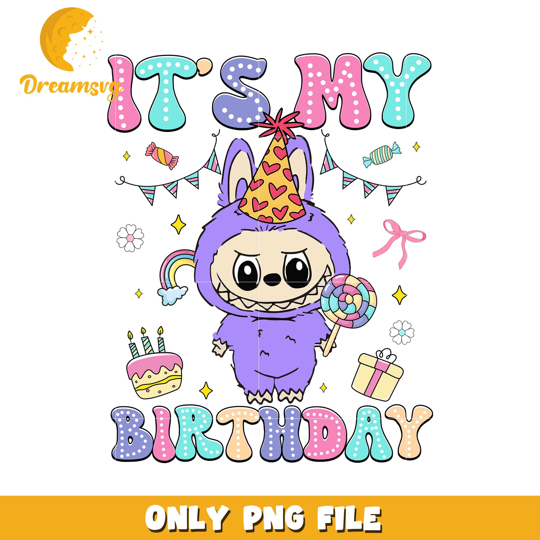 Purple it's my birthday png, labubu candy png, labubu toys png