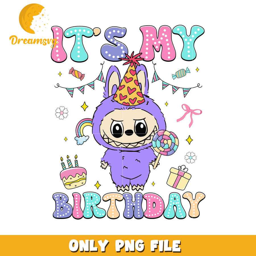 Purple it's my birthday png, labubu candy png, labubu toys png
