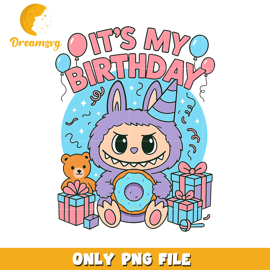 Purple labubu its my birthday png, cute labubu png, popmart labubu png