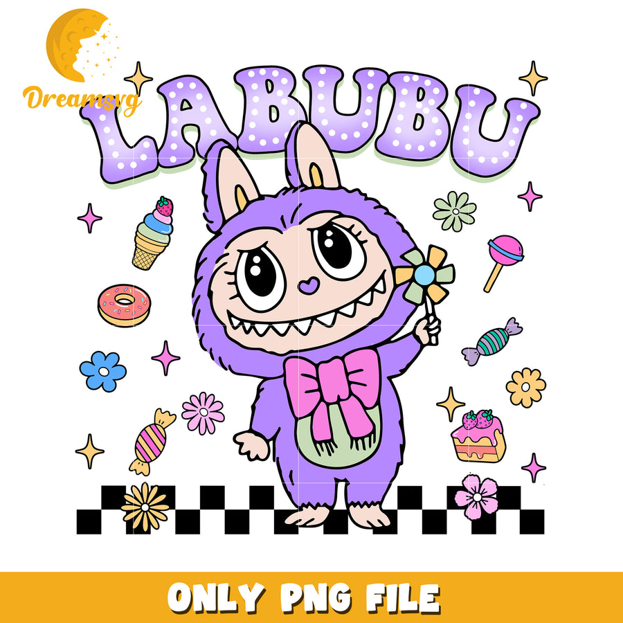 Purple labubu png, have a seat labubu​ png, labubu doll png