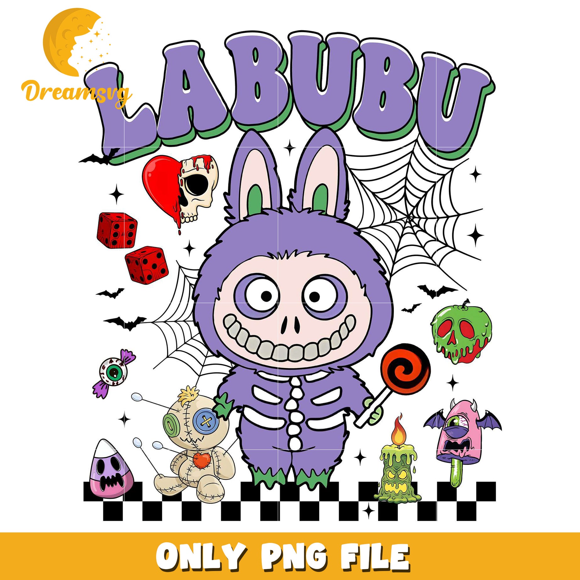 Purple skeleton labubu png, halloween cartoons png, halloween labubu​ png