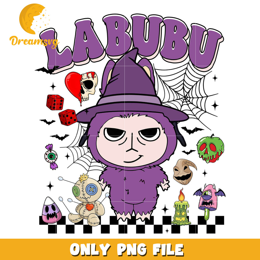 Purple witch labubu png, halloween cartoons png, halloween labubu​ png