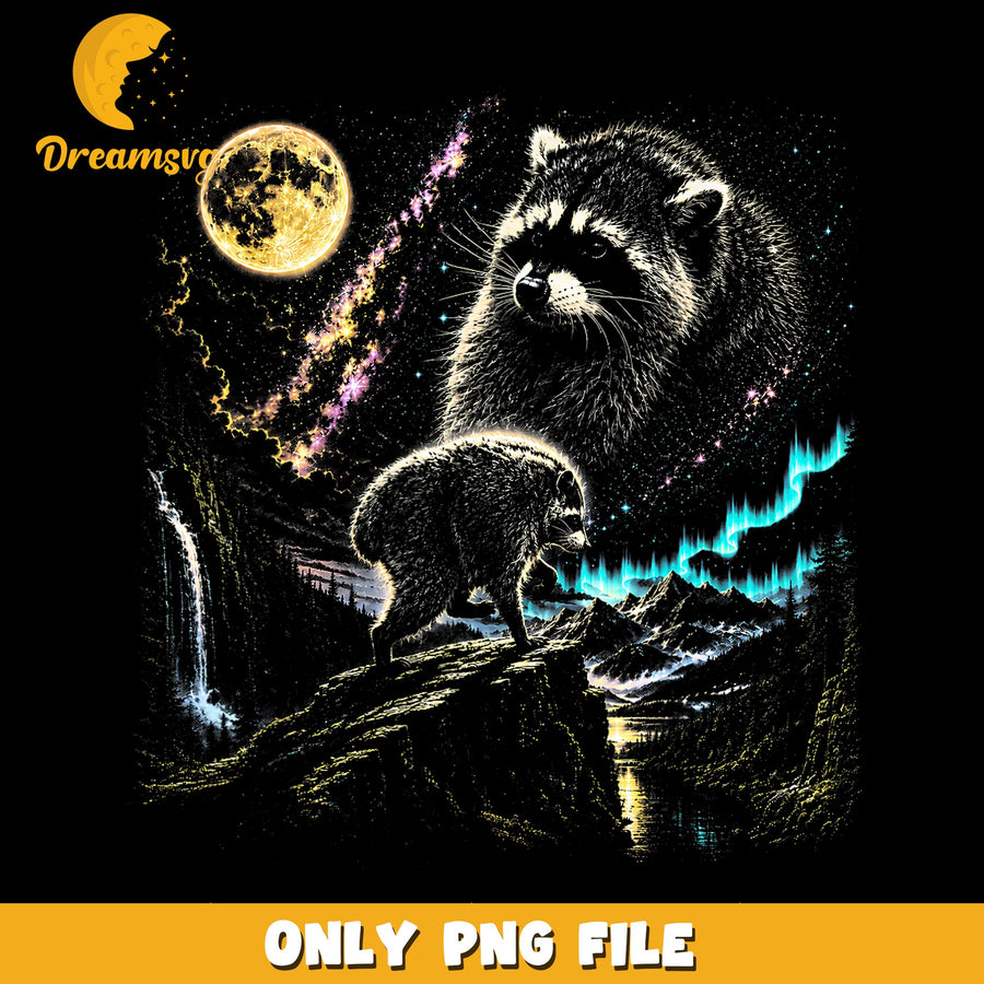 Raccoon Aurora Borealis Full Moon Night PNG, Wildlife, Nature PNG