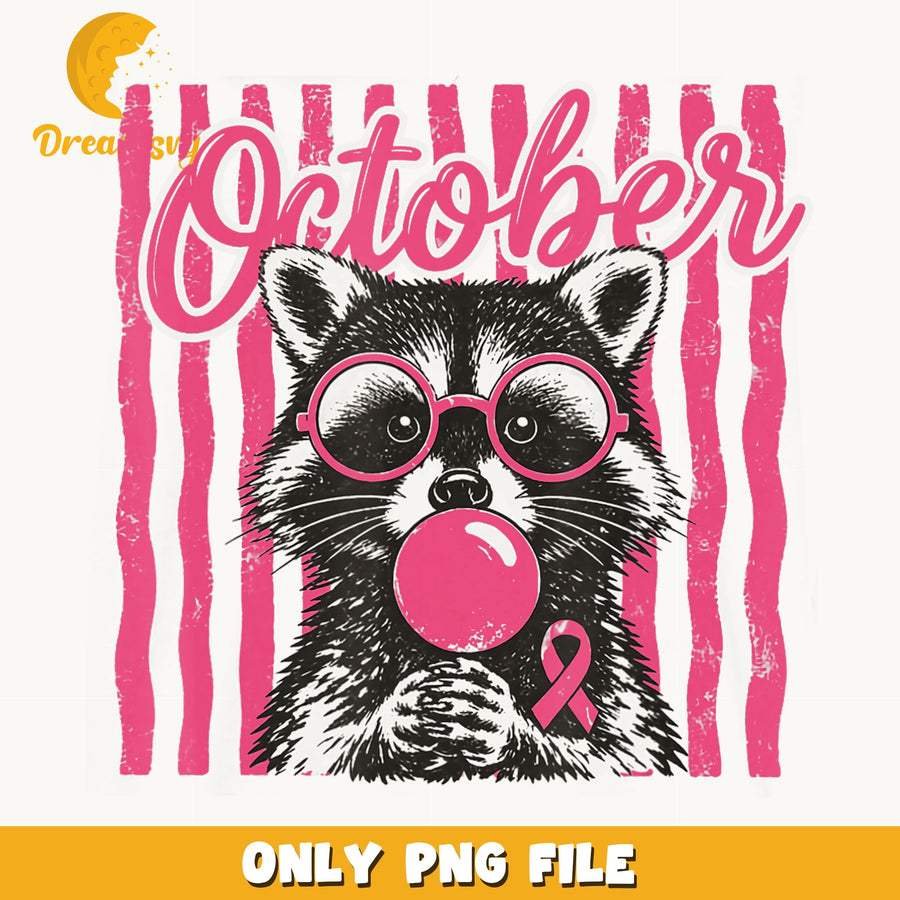 Raccoon October Breast Cancer Awareness PNG, Pink Ribbon, Bubblegum