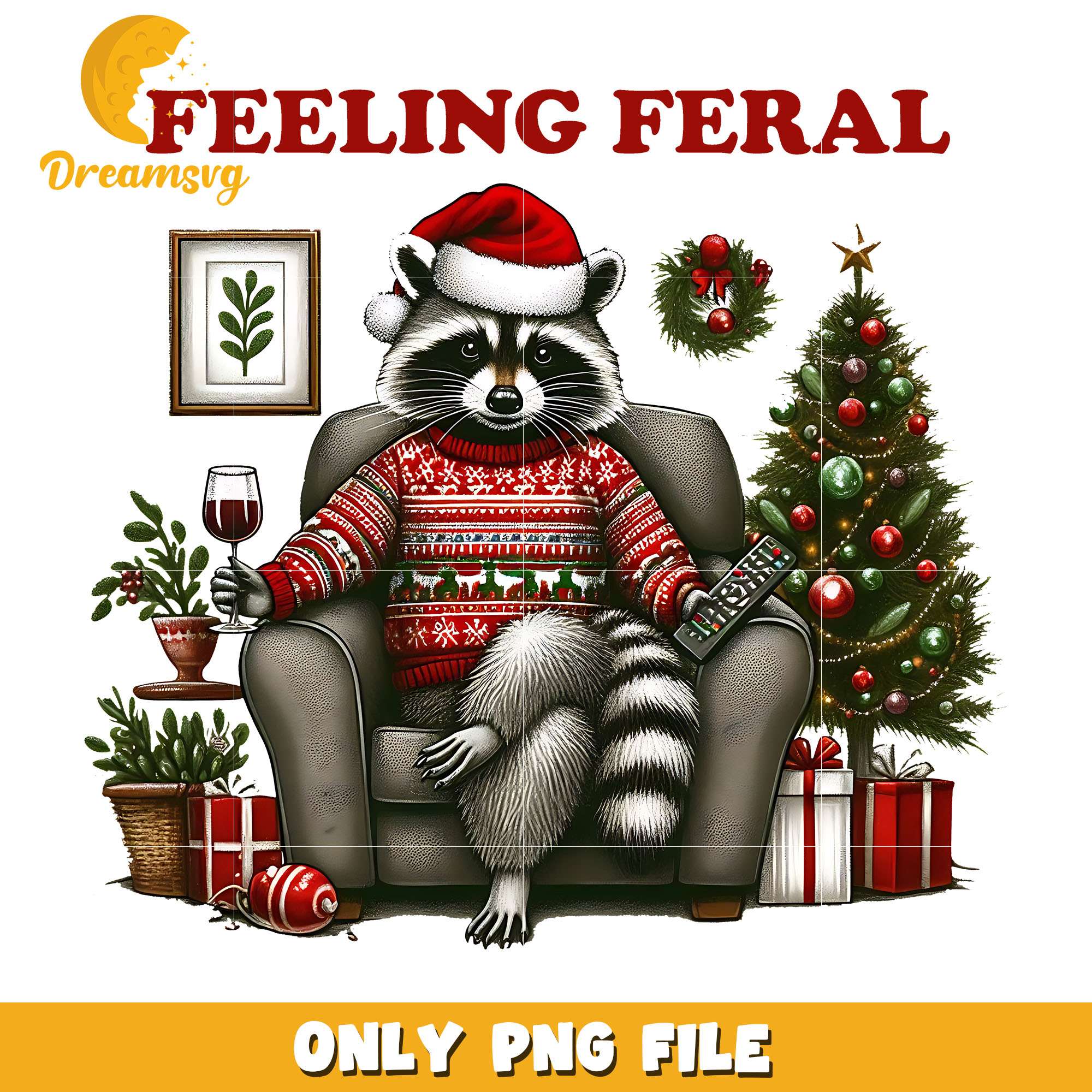 Raccoon feeling feral png, Raccoon png, christmas png