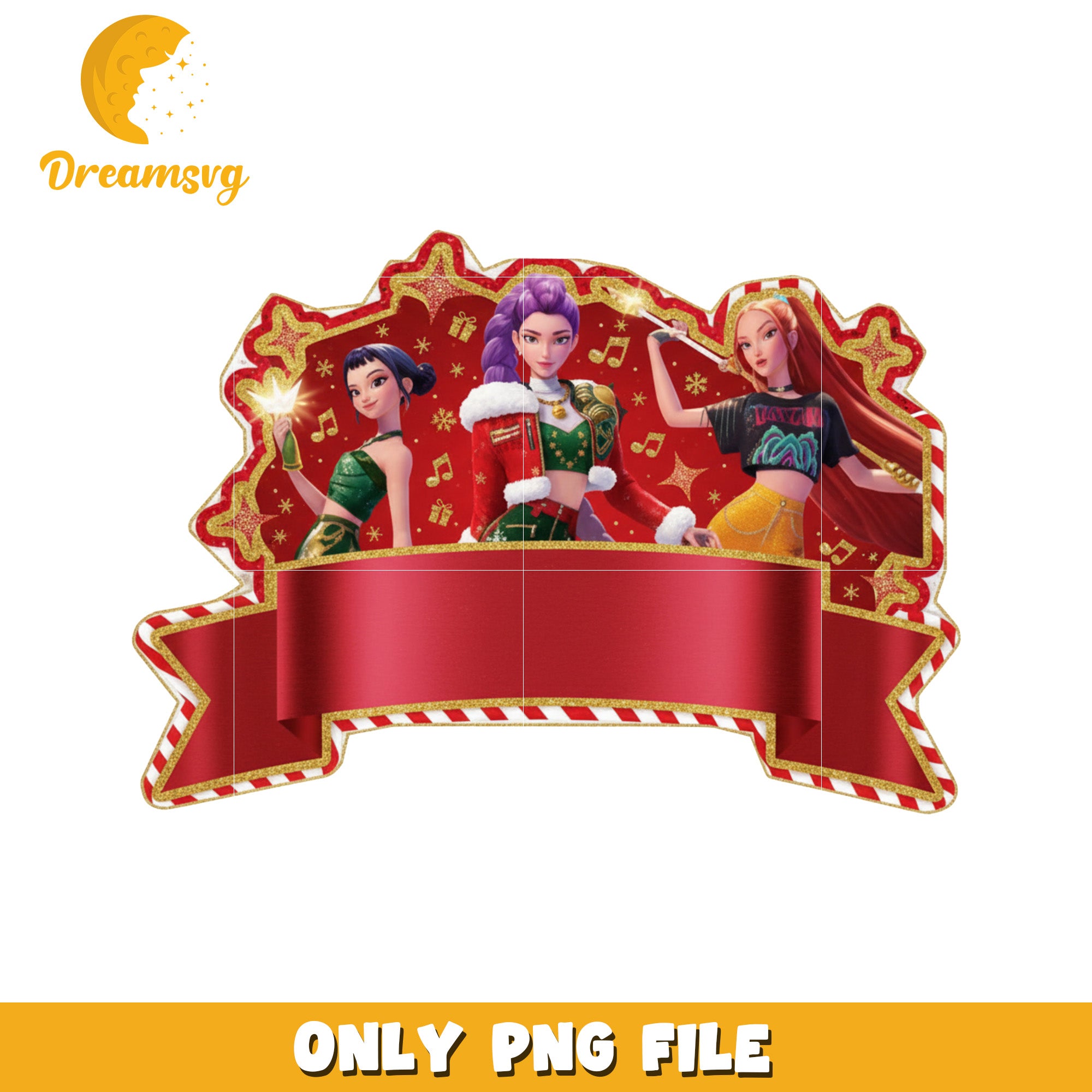 Red bow huntrix christmas png, kpop demon hunters​ png, christmas lights png