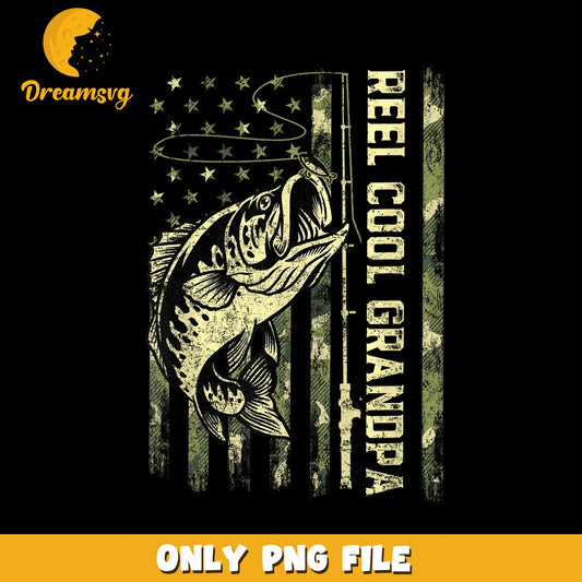 Reel Cool Grandpa Bass Fishing USA Flag PNG, Camo Fish, Angler PNG