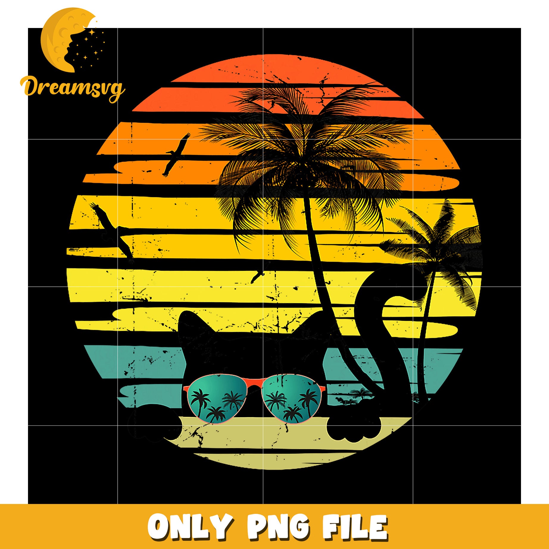 Retro Cat Sunglasses Sunset PNG