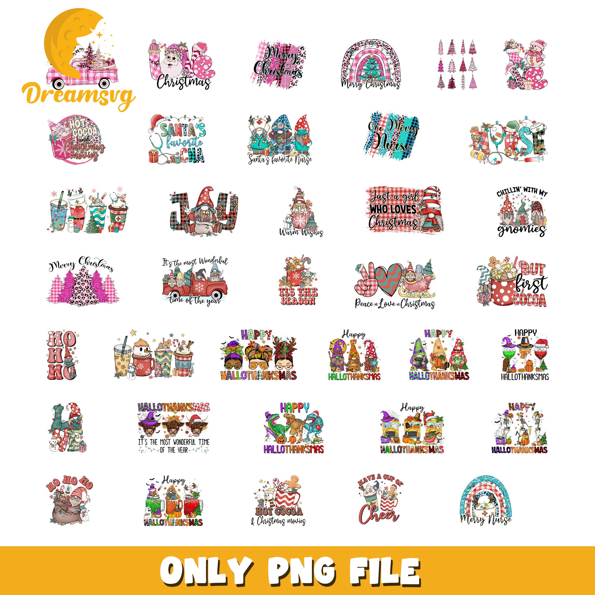 Peace love christmas design bundle png, hallothankmas​ png