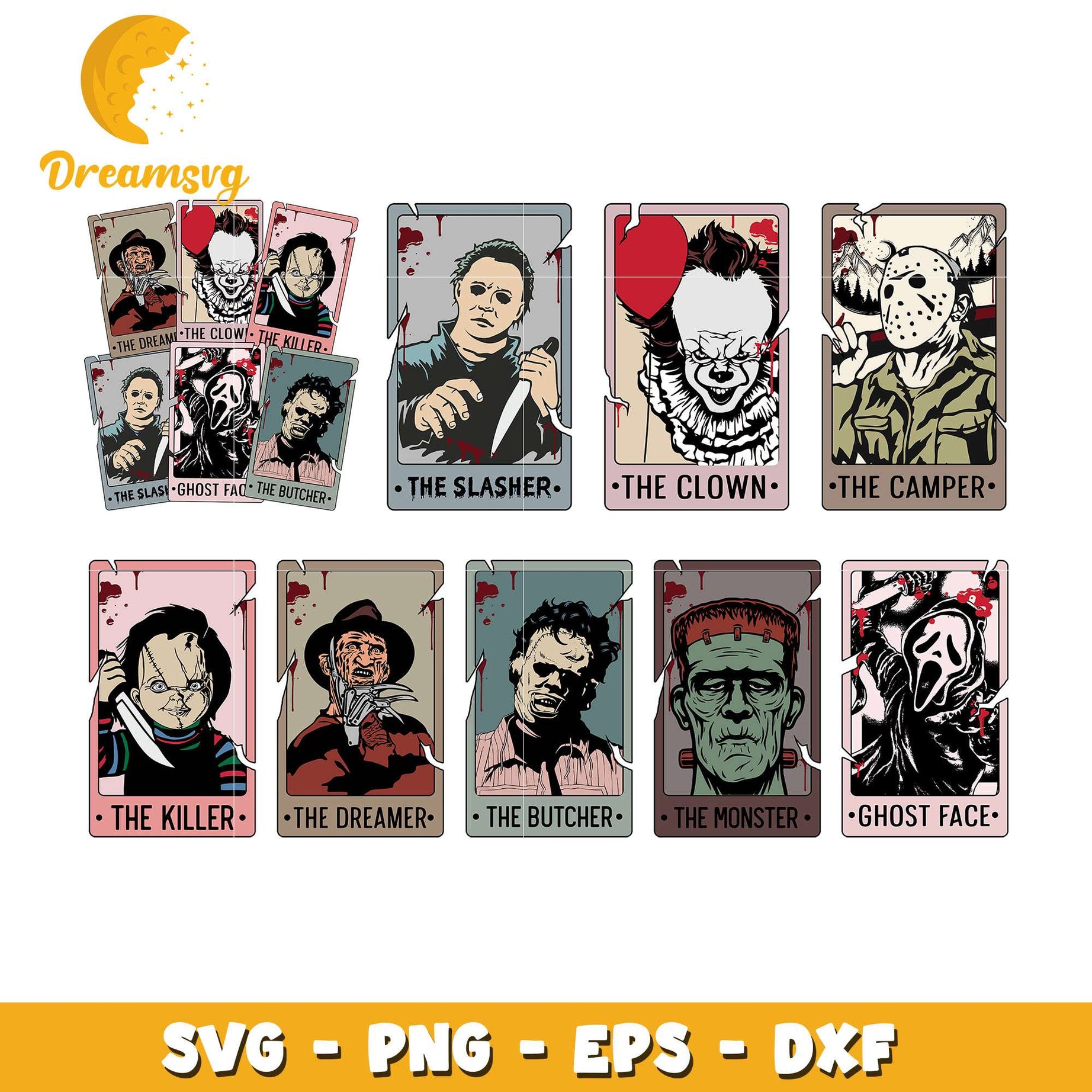 Retro Halloween Characters Tarot Card bundle svg, horror movie svg