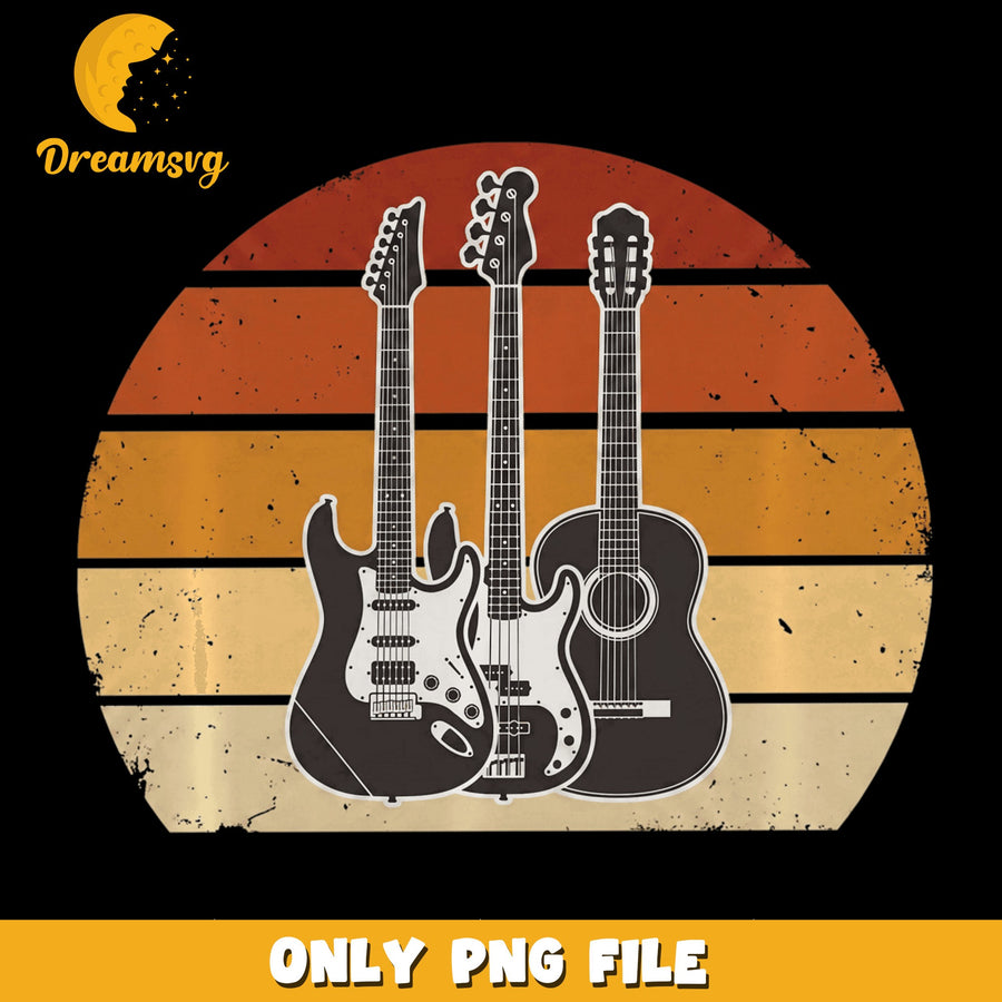 Retro Sunset Guitar Bundle PNG, Electric Acoustic Bass, Music PNG