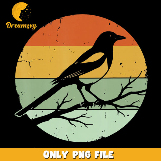 Retro Sunset Magpie On Branch PNG, Vintage Bird Silhouette, Nature PNG