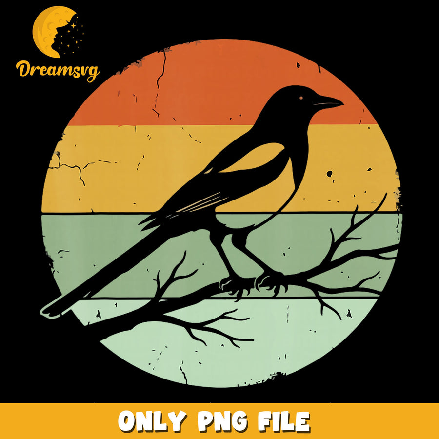 Retro Sunset Magpie On Branch PNG, Vintage Bird Silhouette, Nature PNG