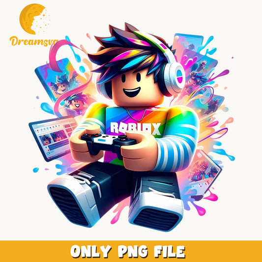 Roblox Neon Gamer Boy PNG, Rainbow Controller, Kids PNG