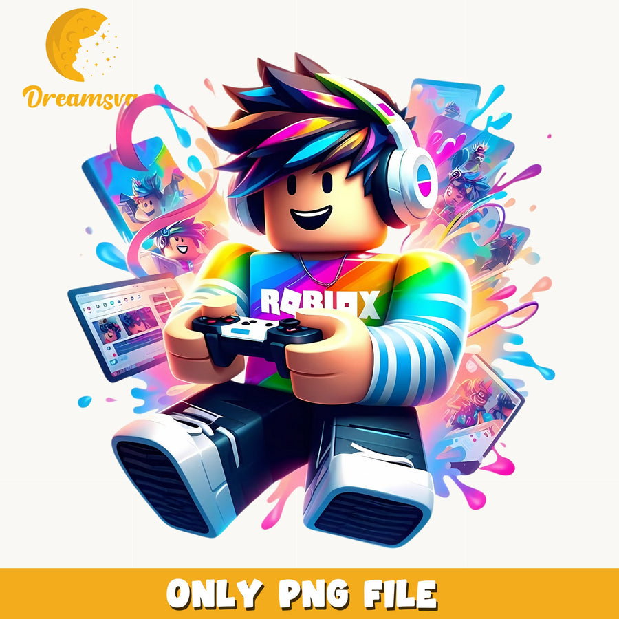 Roblox Neon Gamer Boy PNG, Rainbow Controller, Kids PNG