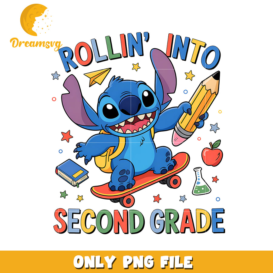 Rollin into second grade stitch png, disney png, lilo and stitch png