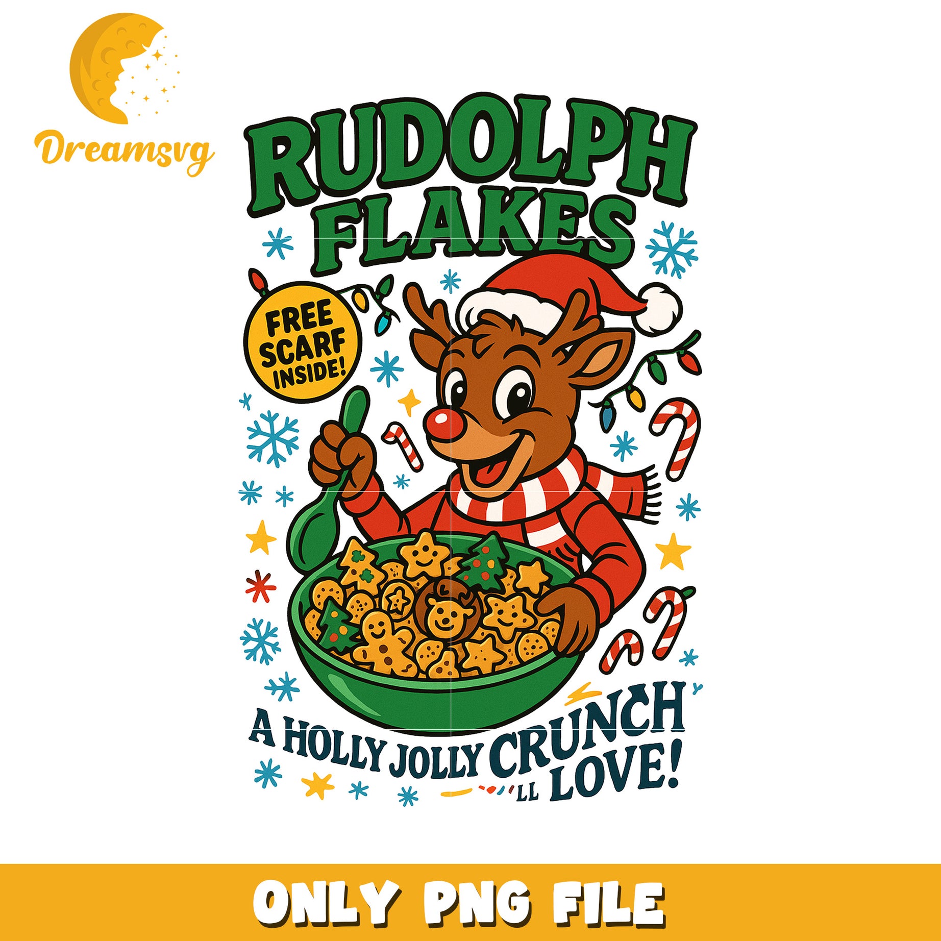 Rudolph flakes png, reindeer cereal art png, christmas breakfast design png