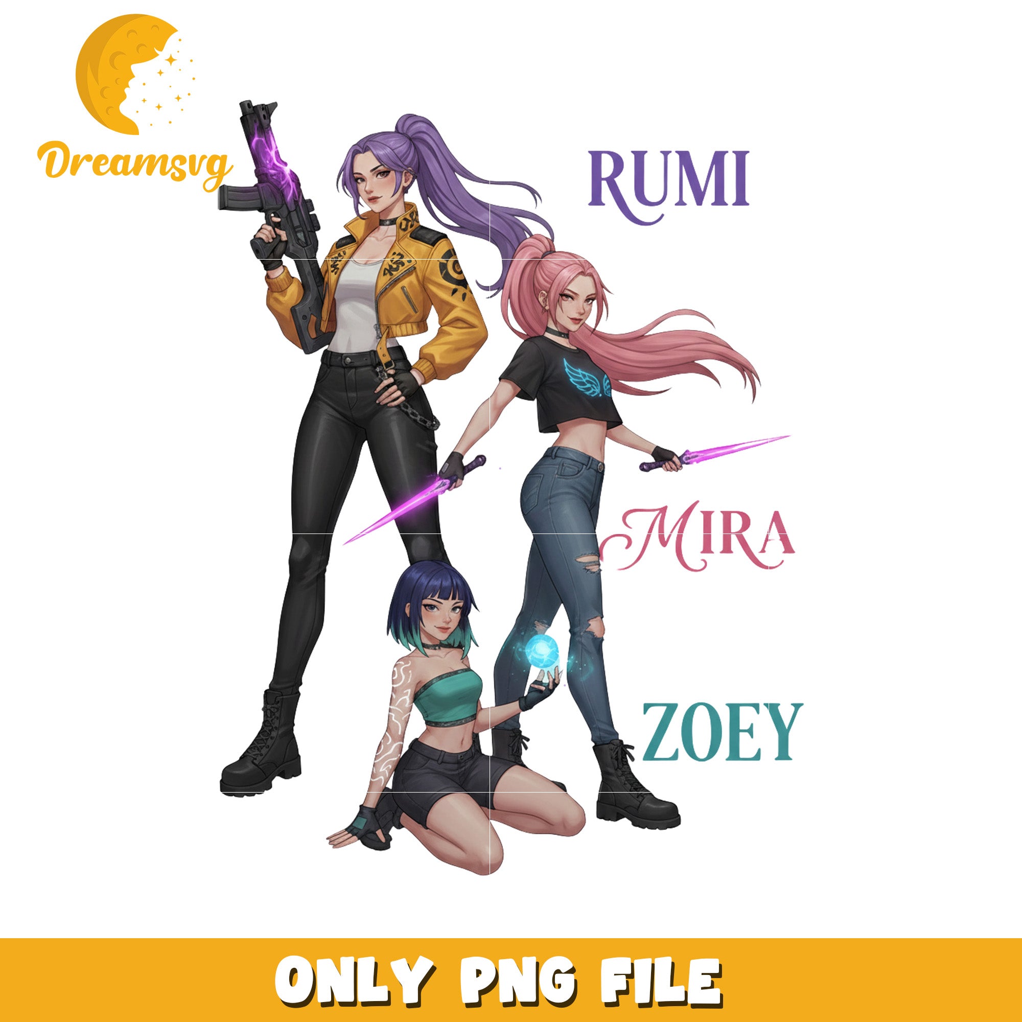 Rumi mira and zoey png, huntrix​ png, korean cartoons png