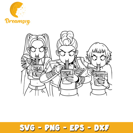 Rumi mira zoey eating rameyeon svg, demon hunters svg, kpop band svg 