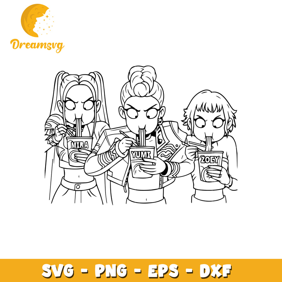 Rumi mira zoey eating rameyeon svg, demon hunters svg, kpop band svg 