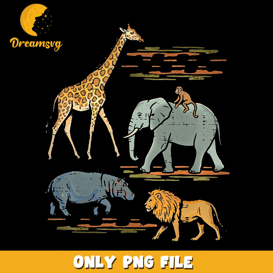 Safari Animals PNG, Giraffe Elephant Lion Hippo Monkey, Wildlife PNG