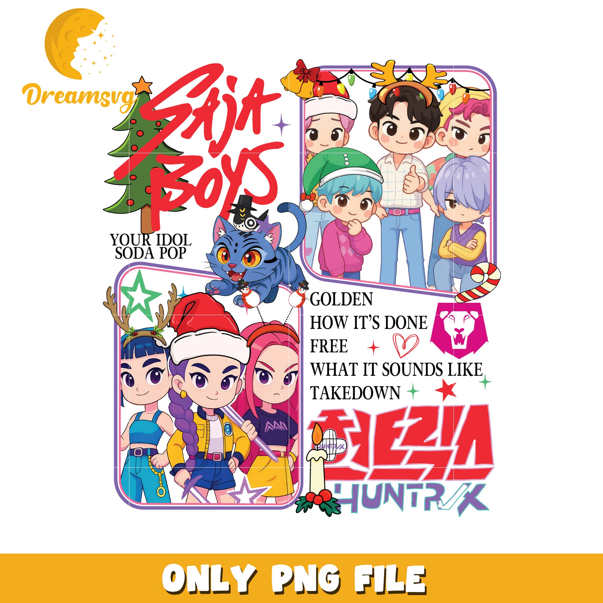 Saja boys and huntrix christmas png, korean cartoon png, christmas sweater​ png