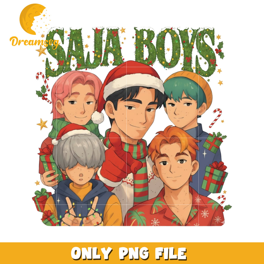 Saja boys christmas design png, huntrix girls png, christmas tree png