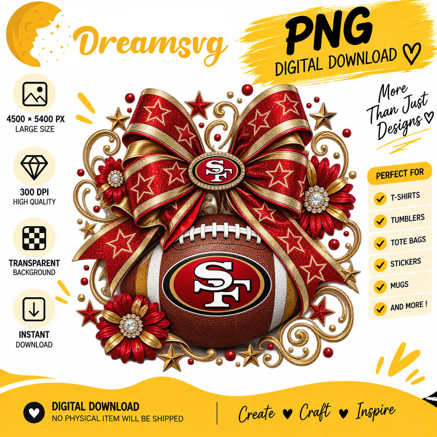 San Francisco 49ers Coquette Bow Glitter Floral Football PNG