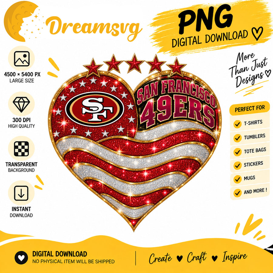San Francisco 49ers Glitter Heart NFL Football Fan Girl PNG