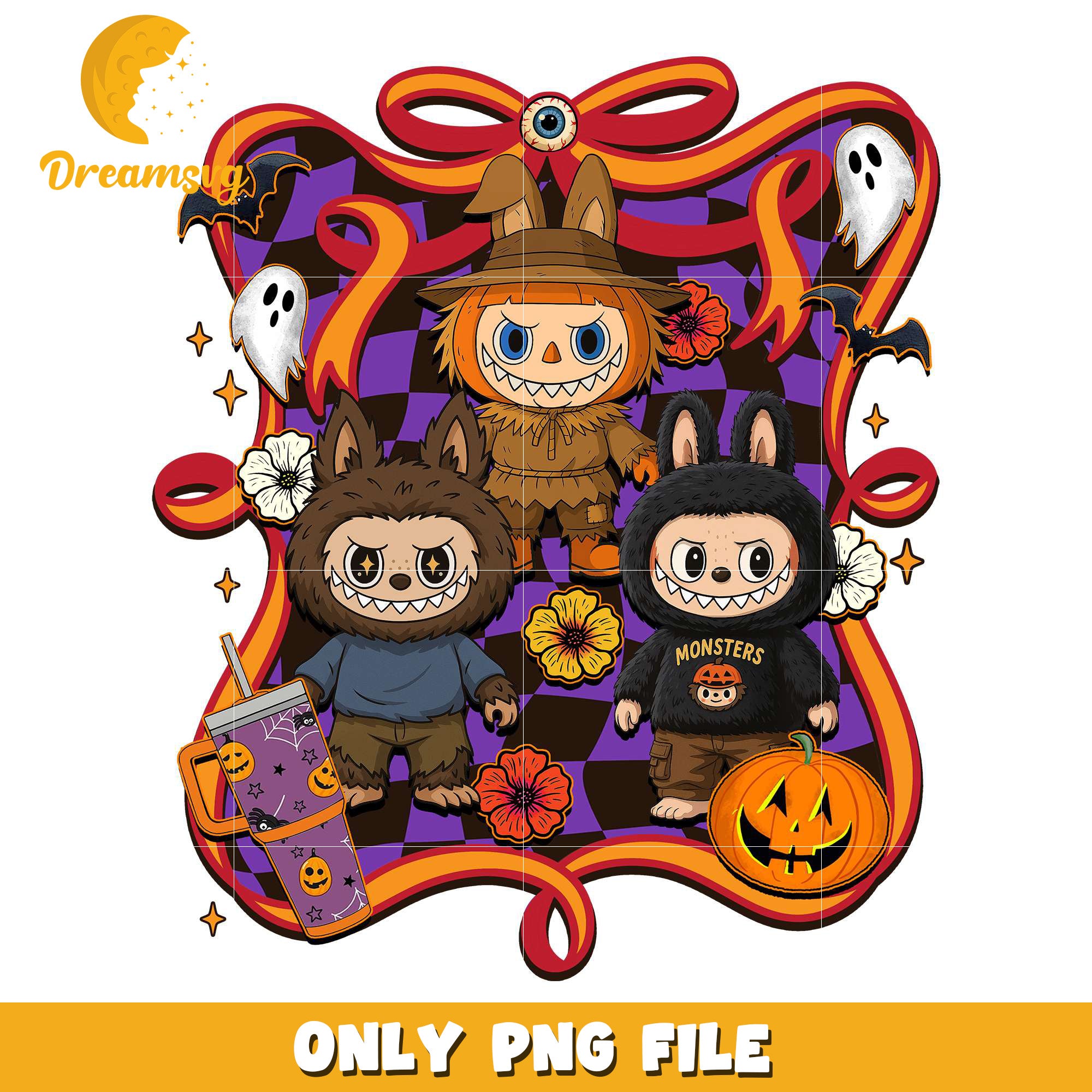 Scarecrow labubu png, halloween pumpkin png, spooky halloween​​ png