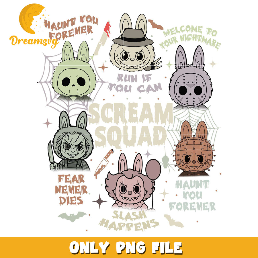 Scream squad labubu png, halloween eve​​ png, halloween ends​ png