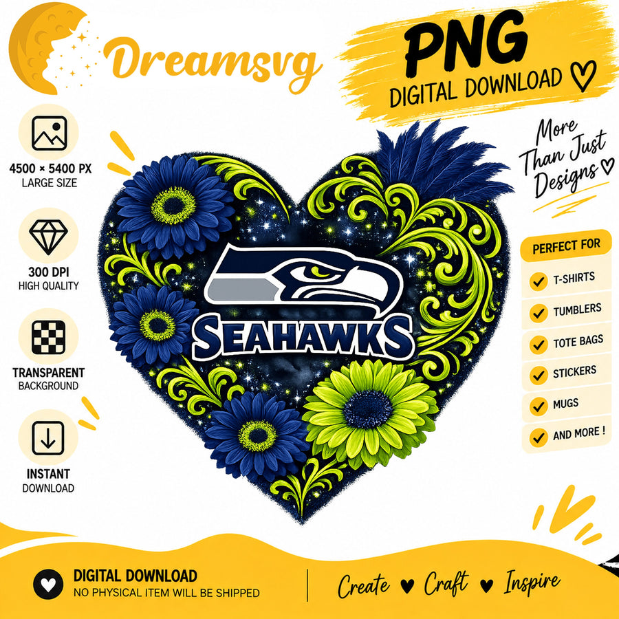 Seattle Seahawks Floral Heart NFL Football Sublimation PNG