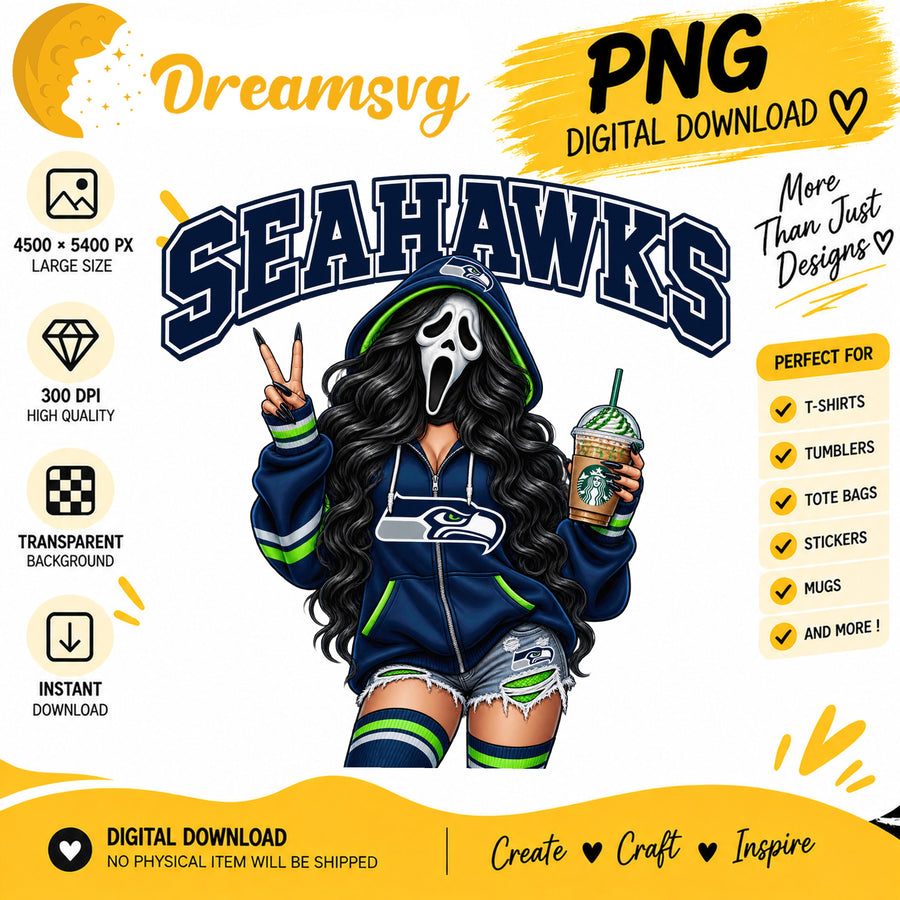 Seattle Seahawks Ghost Face Halloween Football Fan Girl PNG