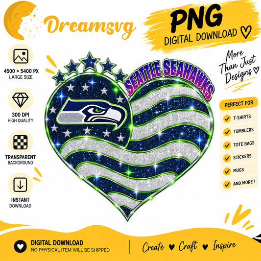 Seattle Seahawks Glitter Heart NFL Football Fan Girl PNG